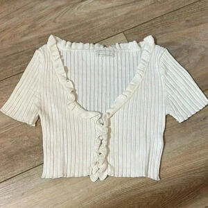Urban Outfitters White Ribbed Ruffle-Trim top
